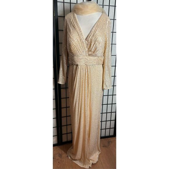 May Green Gold Sequin Drape Front Formal Gown - Picture 1 of 8
